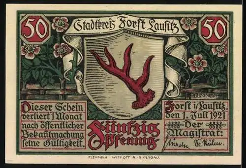 Notgeld Forst i. L. 1921, 50 Pfennig, Ostdeutscher Rosengarten und Wappen