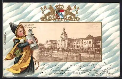 Passepartout-Lithographie München, Nationalmuseum, Münchner Kindl mit Bierkrug