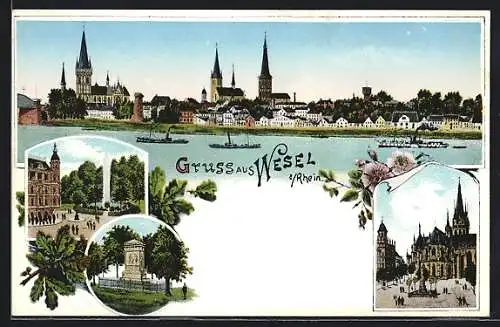 Lithographie Wesel / Rhein, Gesamtansicht, Grosser Markt