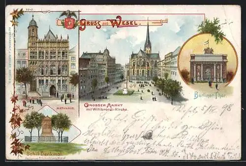 Lithographie Wesel / Rhein, Rathaus, Grosser Markt mit Willibrordi-Kirche