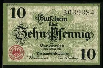 Notgeld Osnabrück 1917, 10 Pfennig, Monogramm Handelskammer zu Osnabrück im Hintergrund