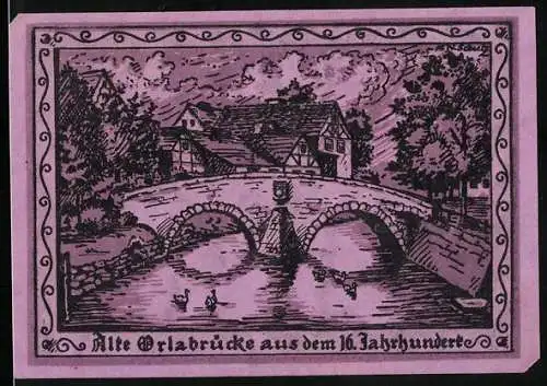 Notgeld Oppurg 1921, 25 Pfennig, Alte Orlabrücke aus dem 16. Jahrhundert