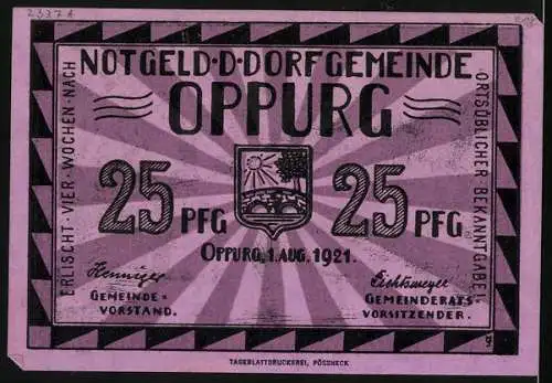 Notgeld Oppurg 1921, 25 Pfennig, Alte Orlabrücke aus dem 16. Jahrhundert