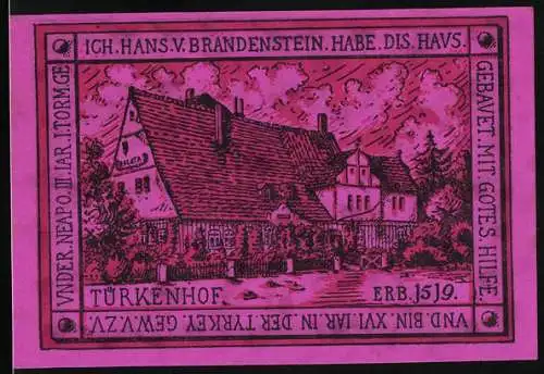 Notgeld Oppurg 1921, 50 Pfennig, Der Türkenhof aus dem Jahr 1519