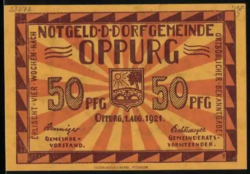 Notgeld Oppurg 1921, 50 Pfennig, Die örtliche Kirche im Herbst