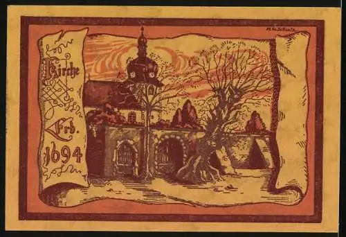 Notgeld Oppurg 1921, 50 Pfennig, Die örtliche Kirche im Herbst