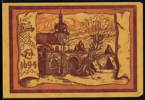 Notgeld Oppurg 1921, 50 Pfennig, Blick auf die Kirche