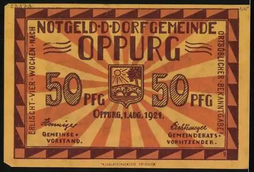 Notgeld Oppurg 1921, 50 Pfennig, Blick auf die Kirche