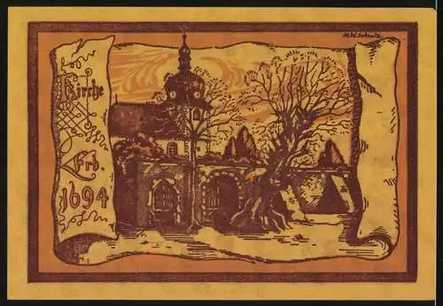 Notgeld Oppurg 1921, 50 Pfennig, Die Kirche aus dem Jahr 1694
