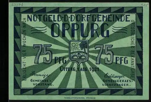 Notgeld Oppurg 1921, 75 Pfennig, Der Schlossturm aus dem 13. Jahrhundert