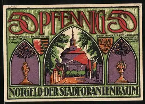Notgeld Oranienbaum i. Anh. 1921, 50 Pfennig, Fürstin Henriette Katharina, Blick auf die Kirche