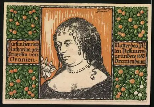 Notgeld Oranienbaum i. Anh. 1921, 50 Pfennig, Fürstin Henriette Katharina, Blick auf die Kirche