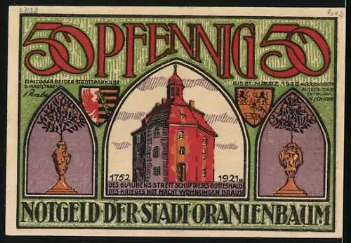 Notgeld Oranienbaum i. Anh. 1921, 50 Pfennig, Fürstin Henriette Katharina, Kirche als Notwohnhaus