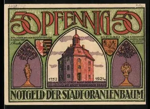 Notgeld Oranienbaum i. Anh. 1921, 50 Pfennig, Kirche als Notwohnhaus, Fürstin Henriette Katharina