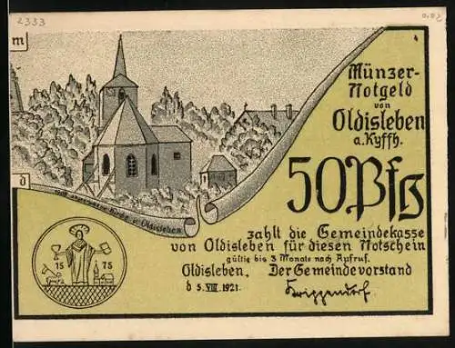 Notgeld Oldisleben a. Kyffh. 1921, 50 Pfennig, Bauern durchziehen die Stadt auf dem Weg nach Beichlingen