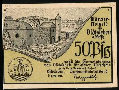 Notgeld Oldisleben a. Kyffh. 1921, 50 Pfennig, Müncer`sche Bauern plündern das Kloster Oldisleben