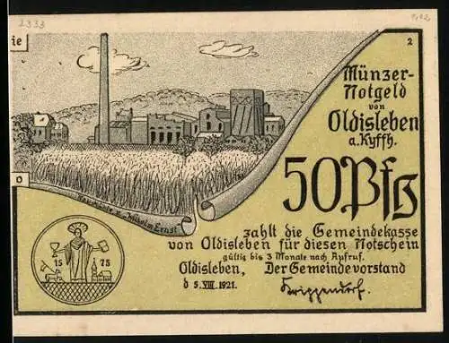 Notgeld Oldisleben a. Kyffh. 1921, 50 Pfennig, Oldisleb`ner Bauern schliessen sich Müncer an