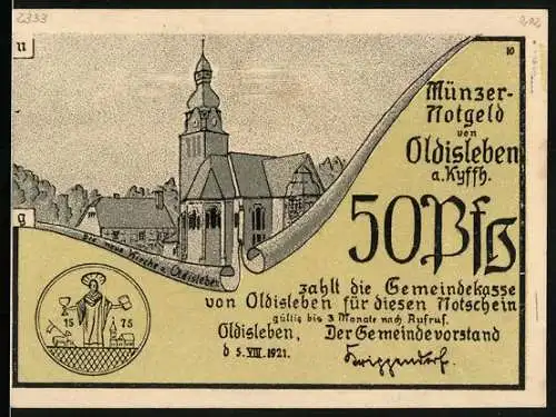 Notgeld Oldisleben a. Kyffh. 1921, 50 Pfennig, Thomas Müncer wird hingerichtet