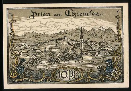 Notgeld Prien am Chiemsee, 10 Pfennig, Gesamtansicht mit Kirche
