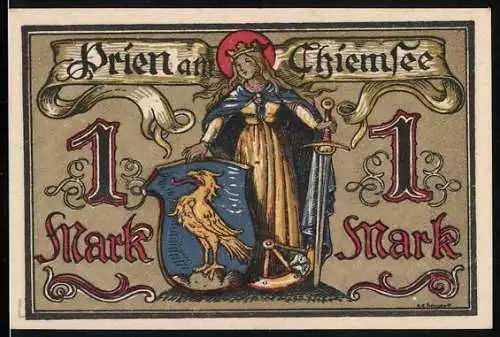 Notgeld Prien am Chiemsee, 1 Mark, Frau mit Krone, Schwert und Wappenschild