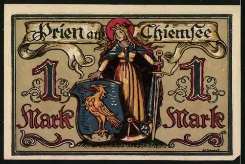 Notgeld Prien am Chiemsee, 1 Mark, Darstellung einer Heiligen mit Wappenschild und Krone