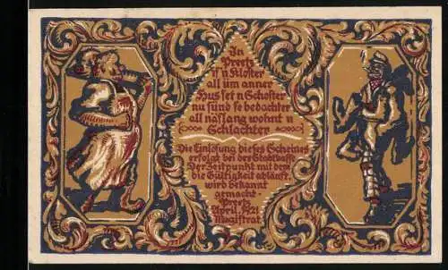 Notgeld Preetz i. Holst. 1921, 50 Pfennig, Wappen, Schlachter und Schuster