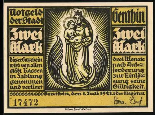 Notgeld Genthin 1921, 2 Mark, Denkmal vor der Kirche