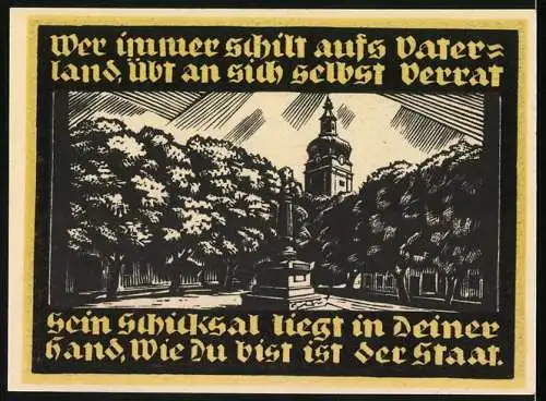 Notgeld Genthin 1921, 2 Mark, Denkmal vor der Kirche