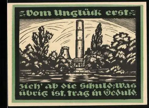Notgeld Genthin 1921, 1 Mark, Blick auf einen Turm