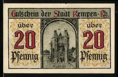 Notgeld Kempen-Rhein 1920, 20 Pfennig, Blick auf das Kuhtor