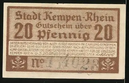 Notgeld Kempen-Rhein 1920, 20 Pfennig, Blick auf das Kuhtor