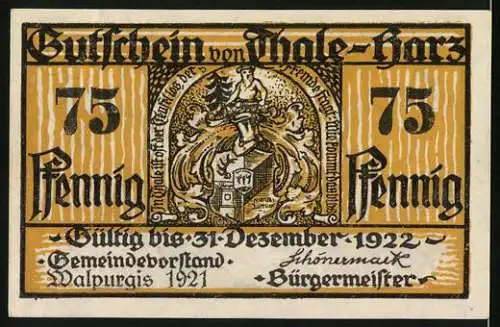 Notgeld Thale-Harz 1921, 75 Pfennig, Sturmwind trägt Jäger und Beute, Wildkatze mit Krone, Jäger mit Jagdhorn