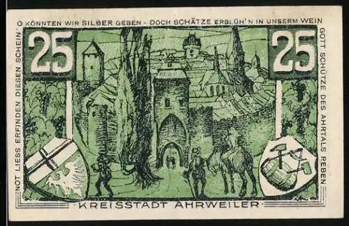 Notgeld Ahrweiler 1921, 25 pfennig, Konrad von Blankart, Reiter vor dem Stadttor