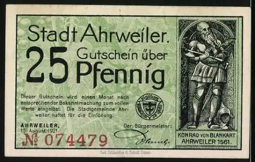 Notgeld Ahrweiler 1921, 25 pfennig, Konrad von Blankart, Reiter vor dem Stadttor