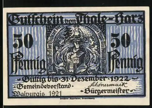 Notgeld Thale-Harz 1921, 50 Pfennig, Teufelsmauer Walpurgishalle, mit Opferstein vom Heidenwalle