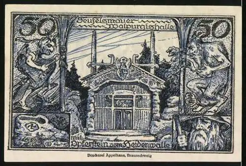 Notgeld Thale-Harz 1921, 50 Pfennig, Teufelsmauer Walpurgishalle, mit Opferstein vom Heidenwalle