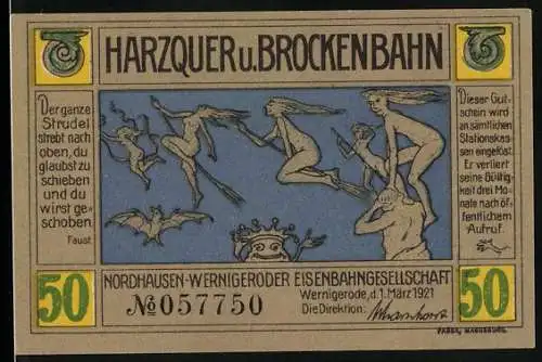 Notgeld Wernigerode 1921, 50 Pfennig, Ein Schwarm Hexen auf ihren Besen fliegt los