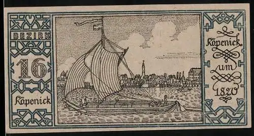 Notgeld Berlin-Köpenick 1921, 50 Pfennig, Hafenpanorama mit Fischerboot um 1820