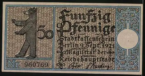 Notgeld Berlin-Köpenick 1921, 50 Pfennig, Hafenpanorama mit Fischerboot um 1820