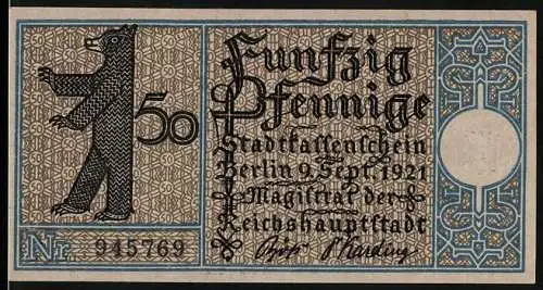Notgeld Berlin-Lichtenberg 1921, 50 Pfennig, Ortspartie mit Kirche um 1790