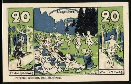 Notgeld Bad Harzburg 1921, 20 Pfennig, Gäste entspannen und tanzen auf der Liegewiese