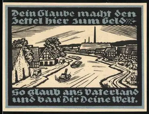 Notgeld Genthin 1921, 25 Pfennig, Ortsansicht an einer Flussbiegung