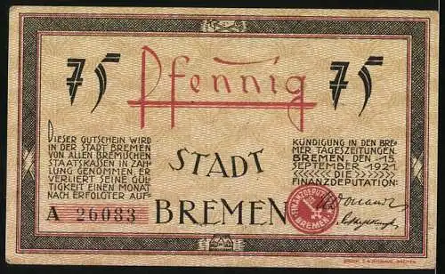 Notgeld Bremen 1921, 75 Pfennig, Die grosse Weserbrücke