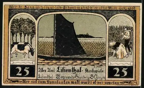 Notgeld Lilienthal 1921, 25 Pfennig, Segelboot mit schwarzem Segel