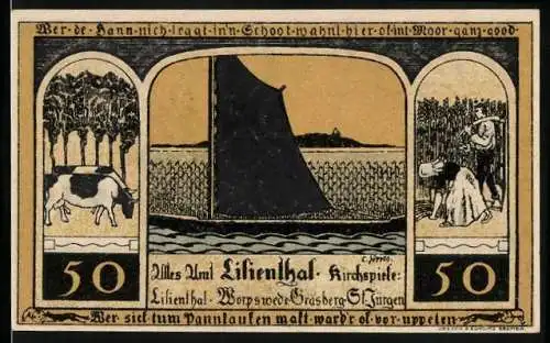 Notgeld Lilienthal 1921, 50 Pfennig, Segelboot vor Anbaufeld