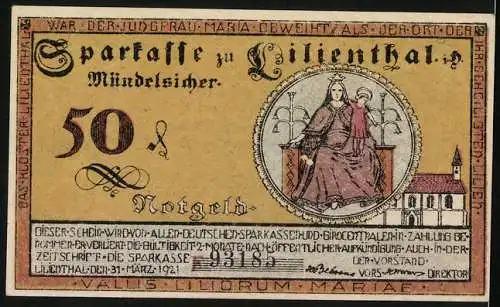 Notgeld Lilienthal 1921, 50 Pfennig, Segelboot vor Anbaufeld