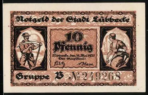 Notgeld Lübbecke i. W. 1920, 10 Pfennig, Bauer mit Sense, Bäuerin mit Vorschlaghammer