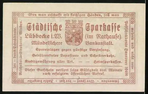 Notgeld Lübbecke i. W. 1920, 10 Pfennig, Bauer mit Sense, Bäuerin mit Vorschlaghammer
