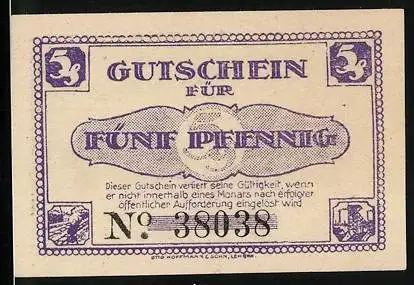 Notgeld Lehrte 1921, 5 Pfennig, Silhouette der Industriestadt