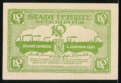 Notgeld Lehrte 1921, 10 Pfennig, Silhouette und Wappen der Industriestadt